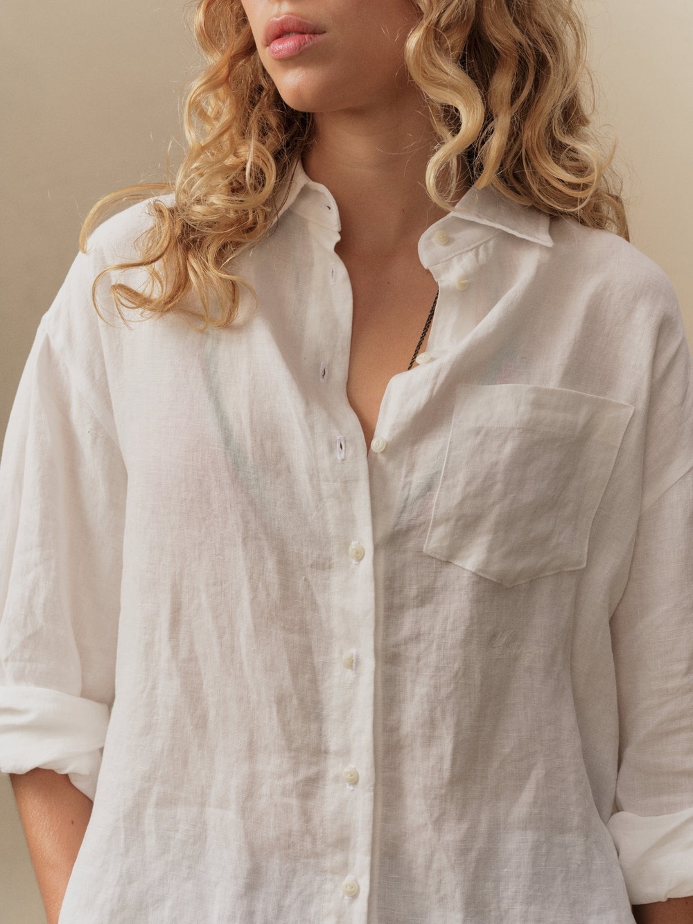 Women's Boxy Linen Button Up (White).